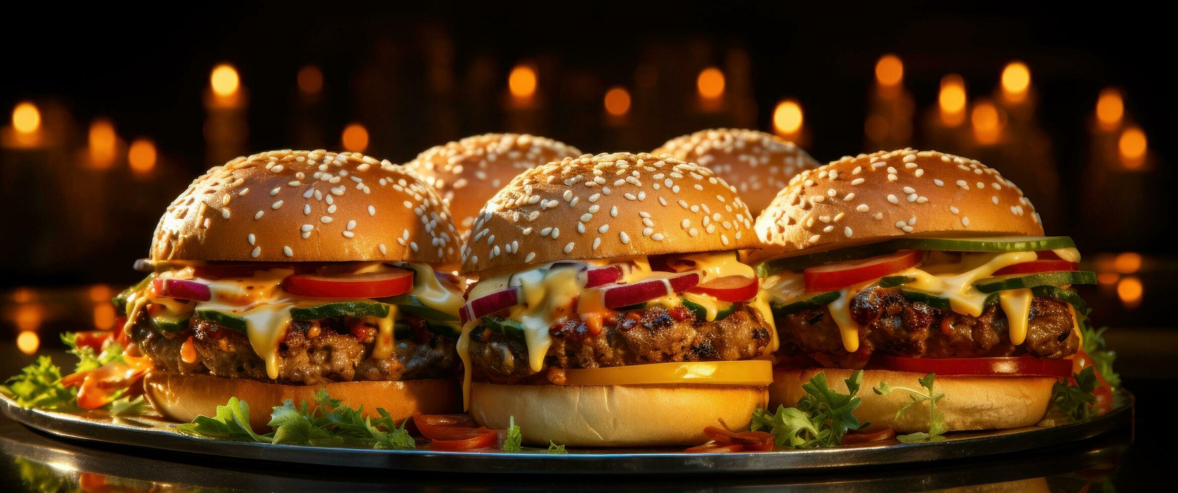 ai generato hamburger cursori con peperoni e mayo su vassoi nel un' ristorante foto
