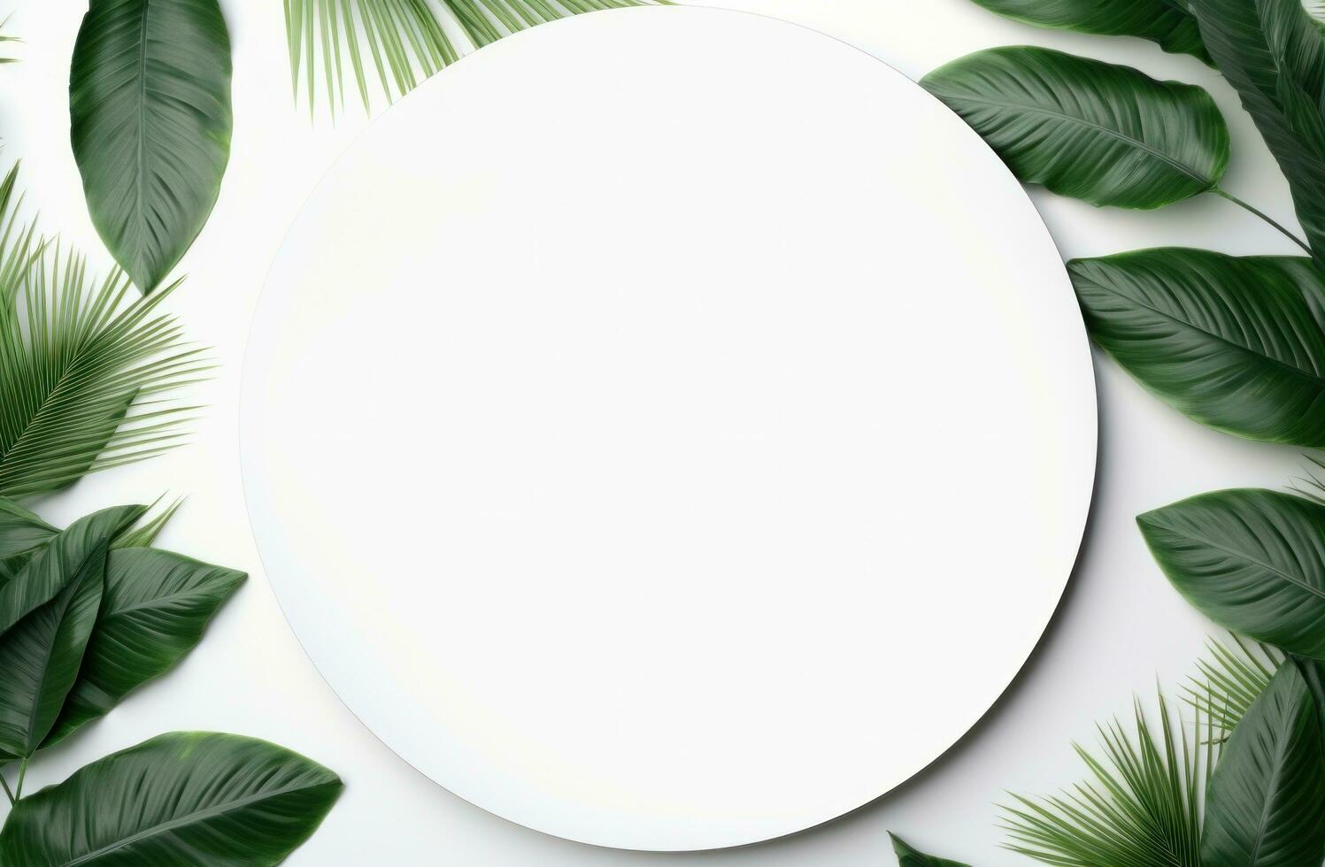 ai generato circolare tropicale foglie, bianca sfondo foto