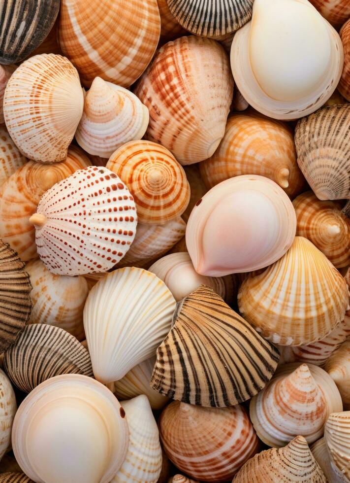 ai generato un Immagine di un' grande gruppo di mare conchiglie foto