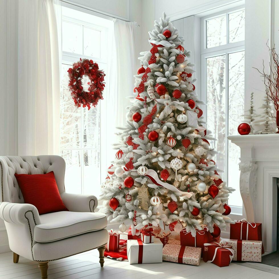 accogliente vivente camera con bellissimo Natale albero e rosso i regali nel moderno interno. interno di vivente camera decorato per allegro Natale con calzini, regalo scatole e Natale Accessori di ai generato foto