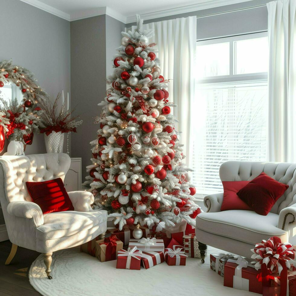 accogliente vivente camera con bellissimo Natale albero e rosso i regali nel moderno interno. interno di vivente camera decorato per allegro Natale con calzini, regalo scatole e Natale Accessori di ai generato foto