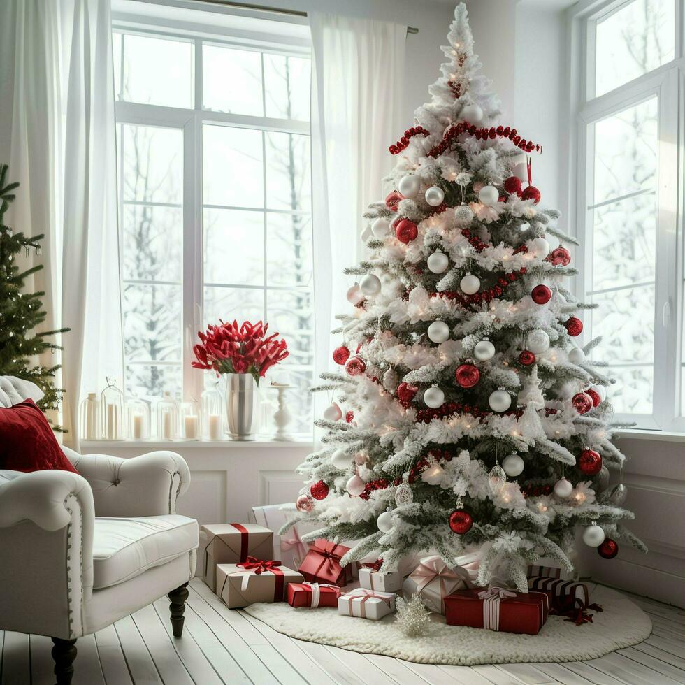 accogliente vivente camera con bellissimo Natale albero e rosso i regali nel moderno interno. interno di vivente camera decorato per allegro Natale con calzini, regalo scatole e Natale Accessori di ai generato foto