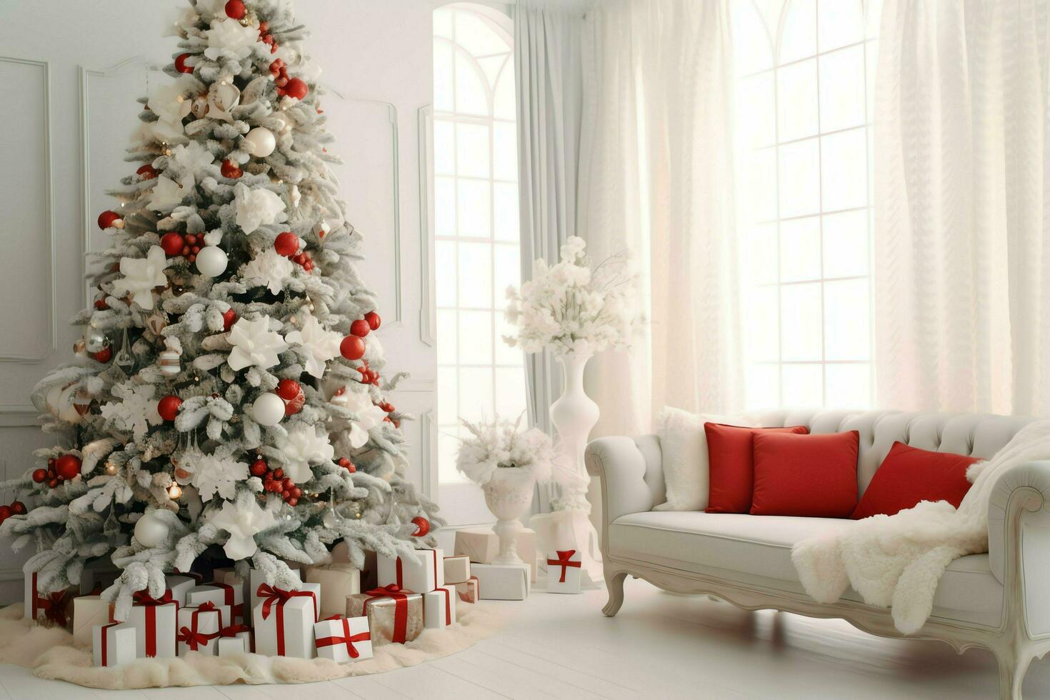 accogliente vivente camera con bellissimo Natale albero e rosso i regali nel moderno interno. interno di vivente camera decorato per allegro Natale con calzini, regalo scatole e Natale Accessori di ai generato foto