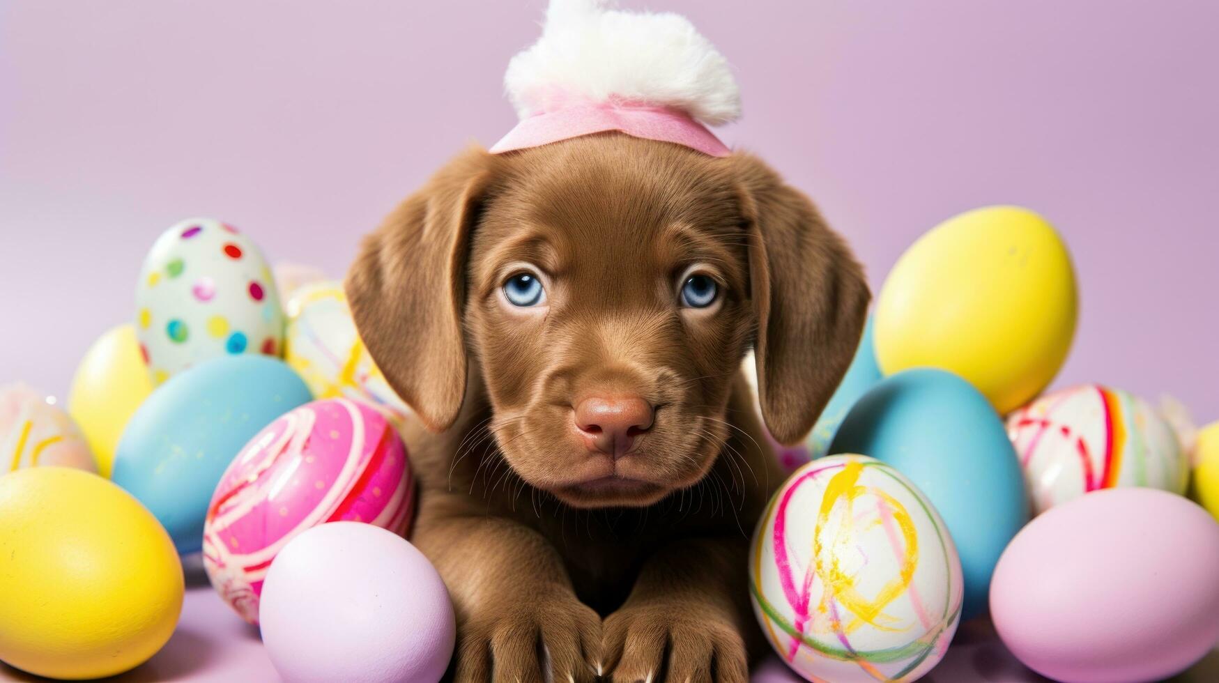 ai generato un' carino foto di un' cucciolo indossare coniglietto orecchie e circondato di Pasqua uova