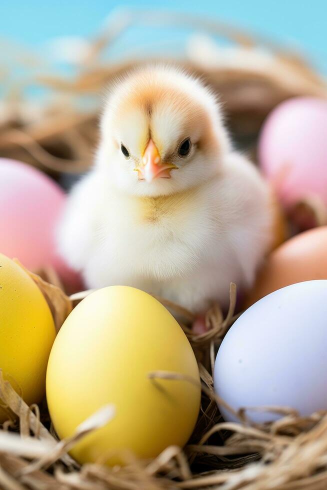 ai generato un' bambino pulcino seduta nel un' nido circondato di colorato Pasqua uova. foto