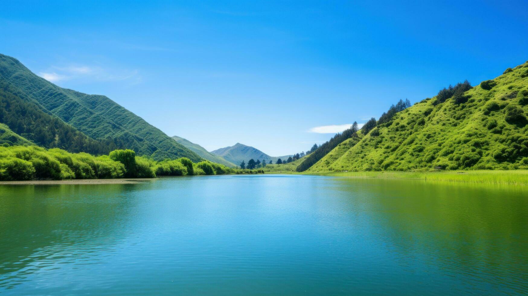 ai generato un' sereno lago circondato di lussureggiante verde montagne e un' chiaro blu cielo nel il sfondo foto