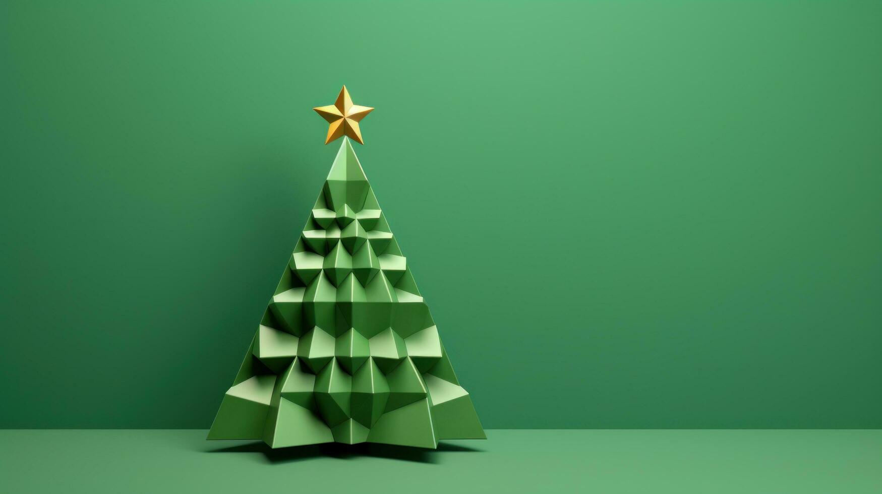 ai generato un' triangolo Natale albero nel un' 3d interpretazione su un' verde sfondo foto