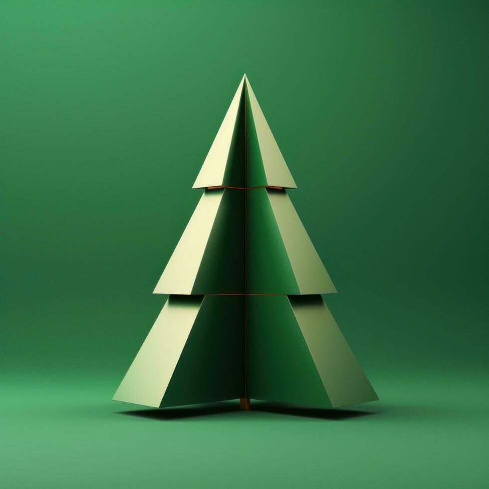 ai generato un' triangolo Natale albero nel un' 3d interpretazione su un' verde sfondo foto