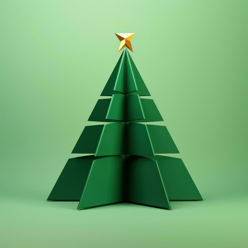 ai generato un' triangolo Natale albero nel un' 3d interpretazione su un' verde sfondo foto