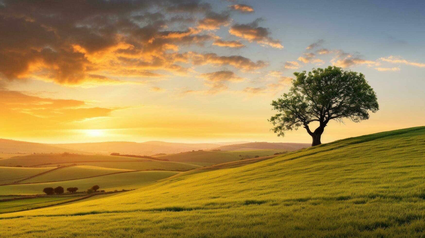 ai generato un' tranquillo, calmo campagna con un' d'oro tramonto, un' solitario albero foto