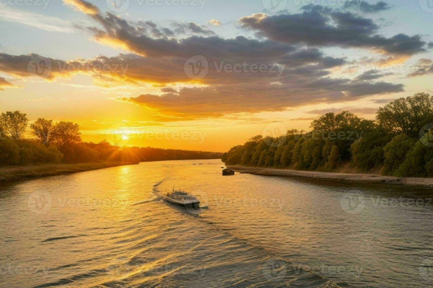 ai generato d'oro ora tramonto su il fiume. professionista foto