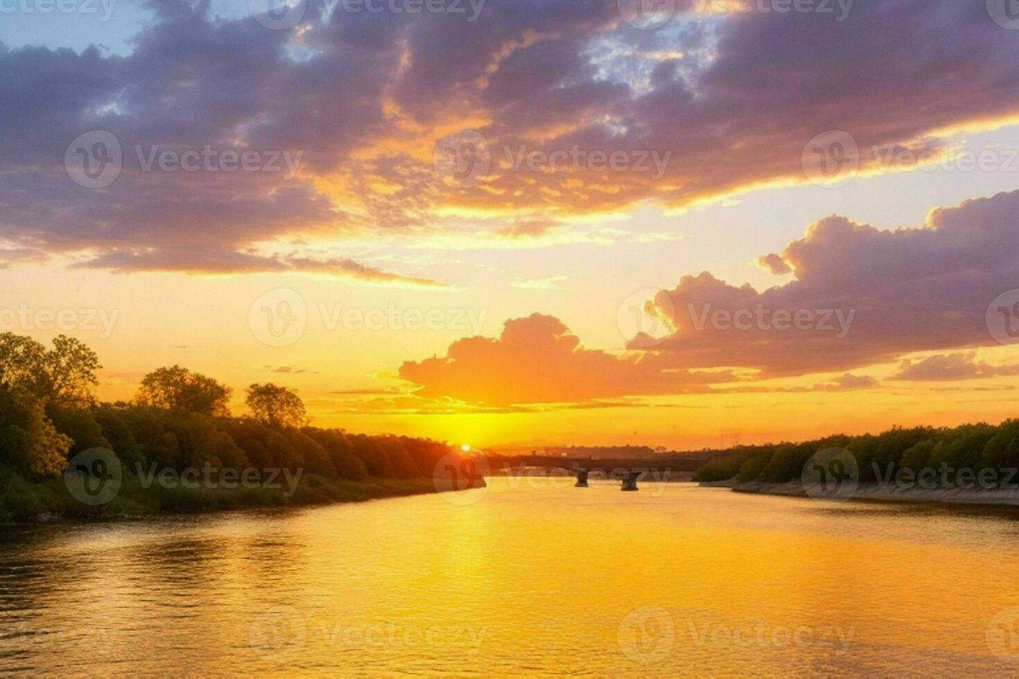 ai generato d'oro ora tramonto su il fiume. professionista foto