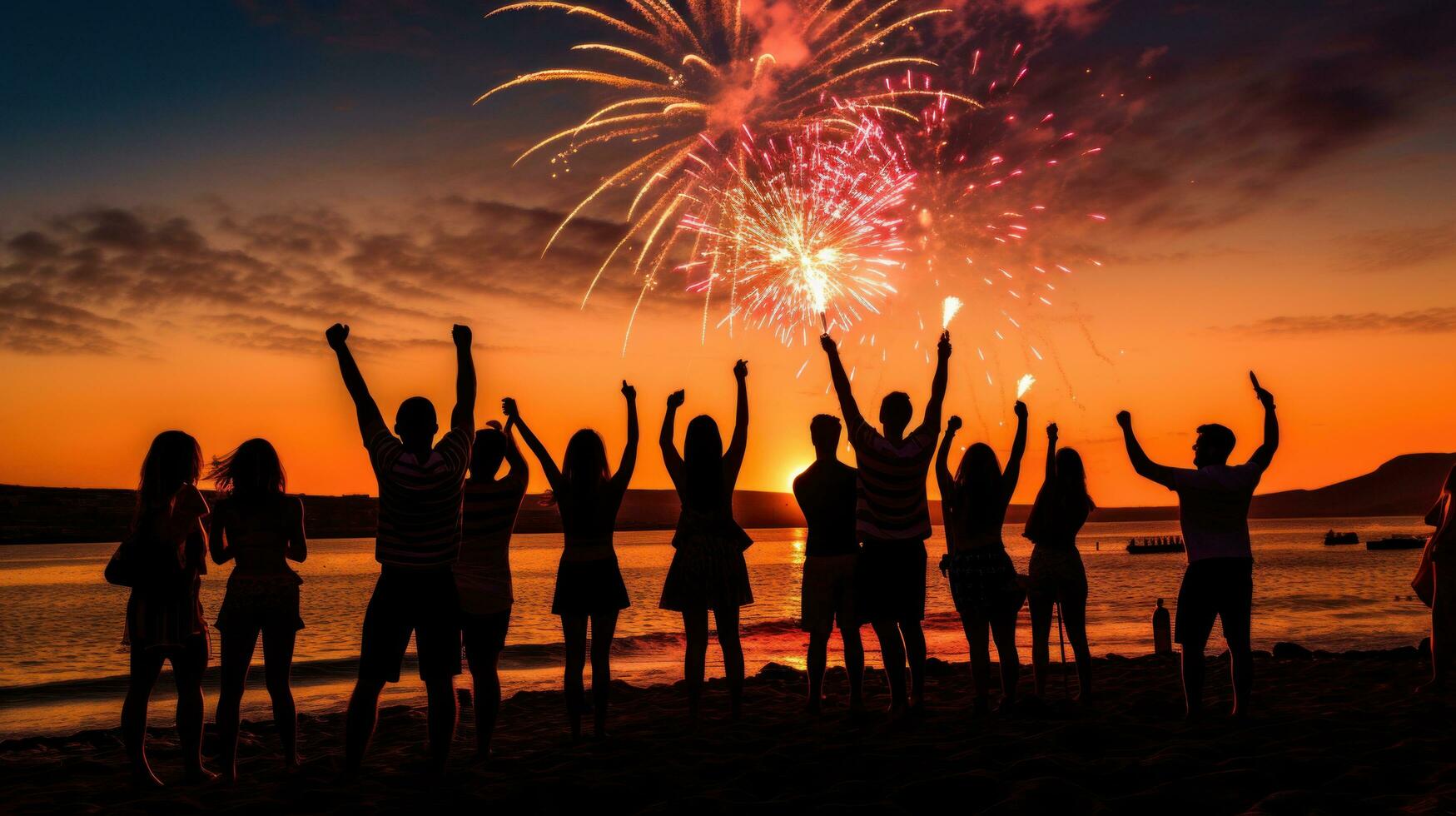 ai generato un' festivo Immagine di persone si riunirono su un' spiaggia con sparklers foto