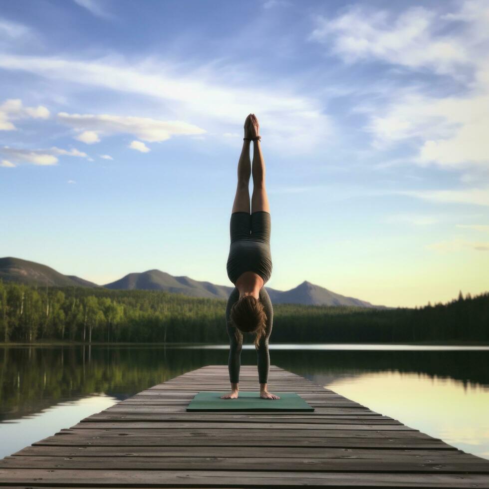 ai generato un' donna fare un' handstand su un' yoga stuoia, con un' tranquillo, calmo, sereno ambientazione nel il sfondo foto