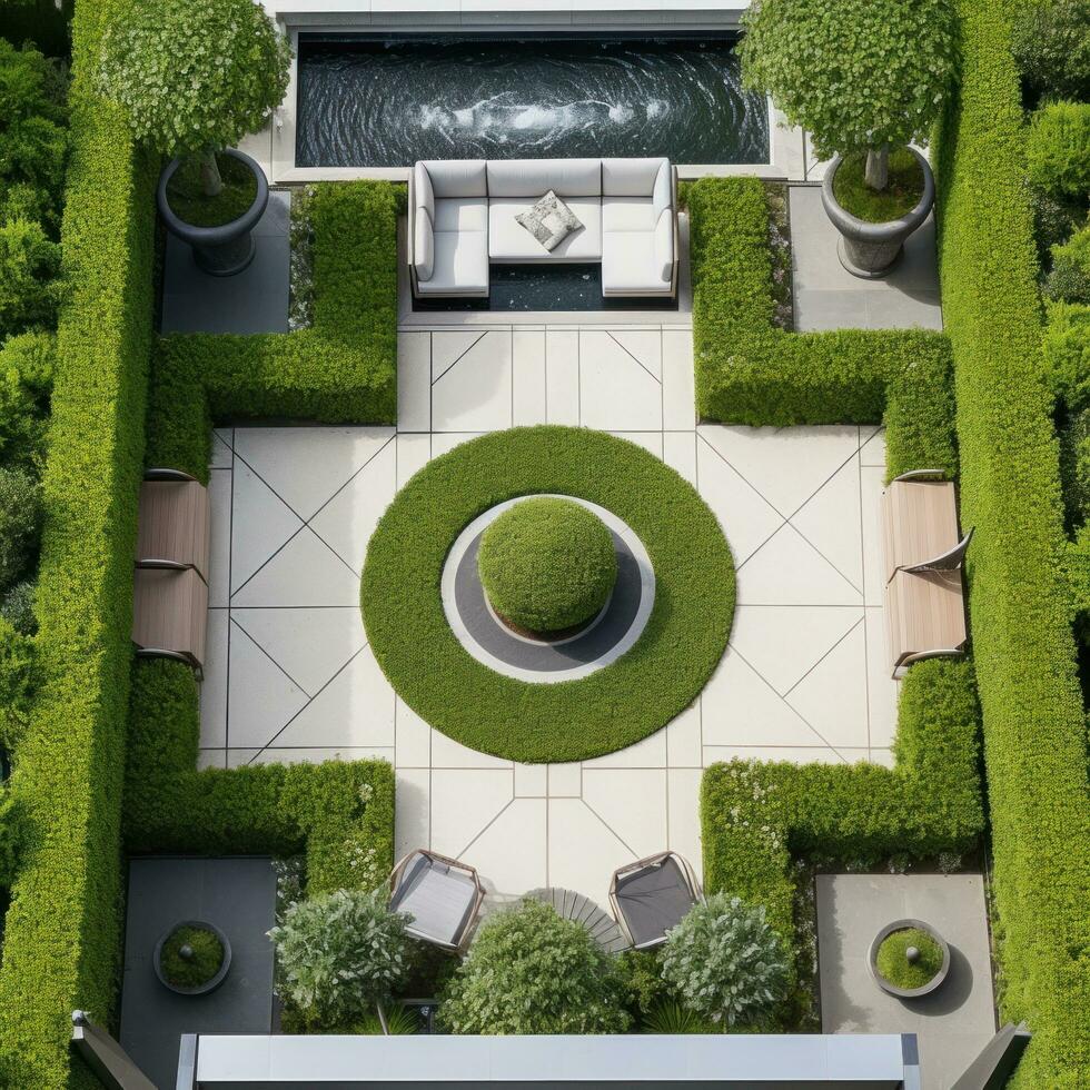 ai generato un' sbalorditivo aereo tiro di un' moderno giardino design con un' geometrico modello di siepi. foto