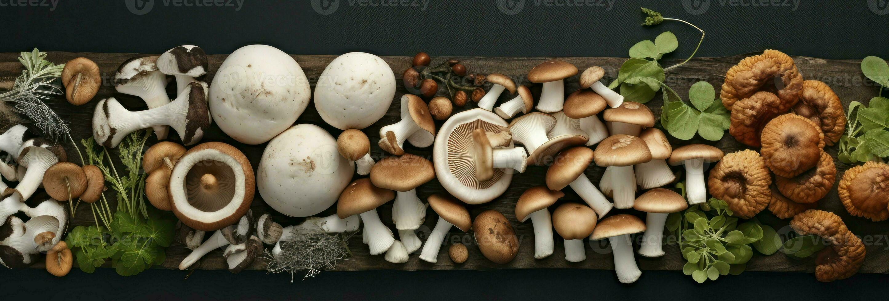 ai generato superiore Visualizza varietà di crudo funghi su buio sfondo. vegano cibo concetto. foto