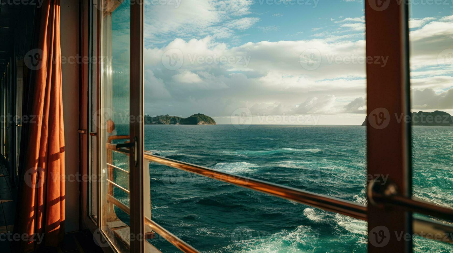ai generato il ipnotizzante paesaggio marino catturato a partire dal il finestra di un' crociera navi camera foto