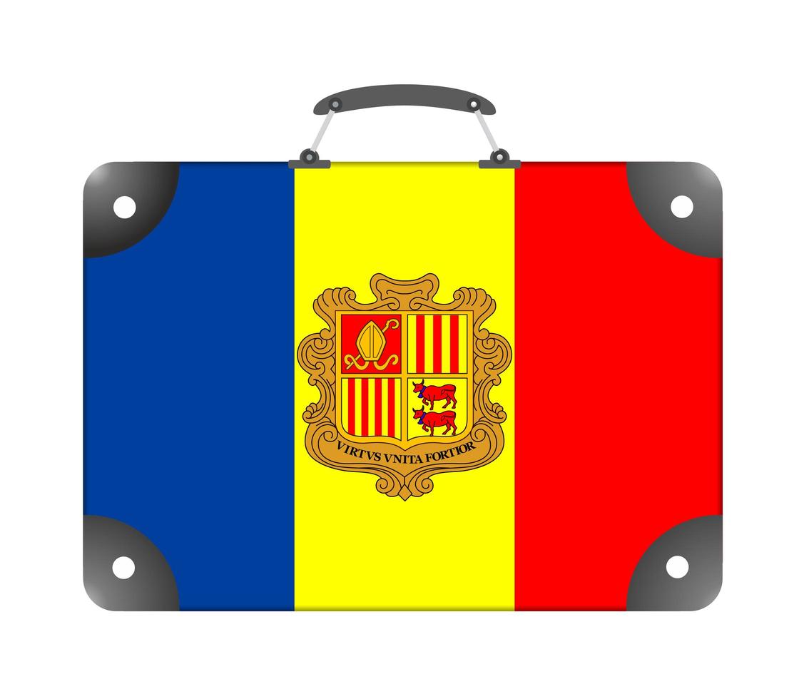 Bandiera del paese di Andorra sotto forma di valigia da viaggio su sfondo bianco foto