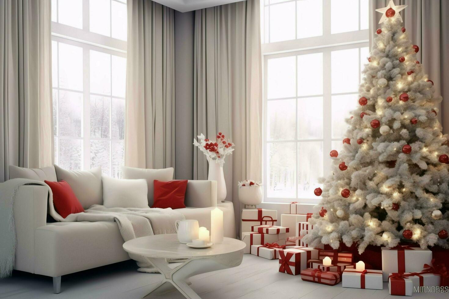 accogliente vivente camera con bellissimo Natale albero e rosso i regali nel moderno interno. interno di vivente camera decorato per allegro Natale con calzini, regalo scatole e Natale Accessori di ai generato foto