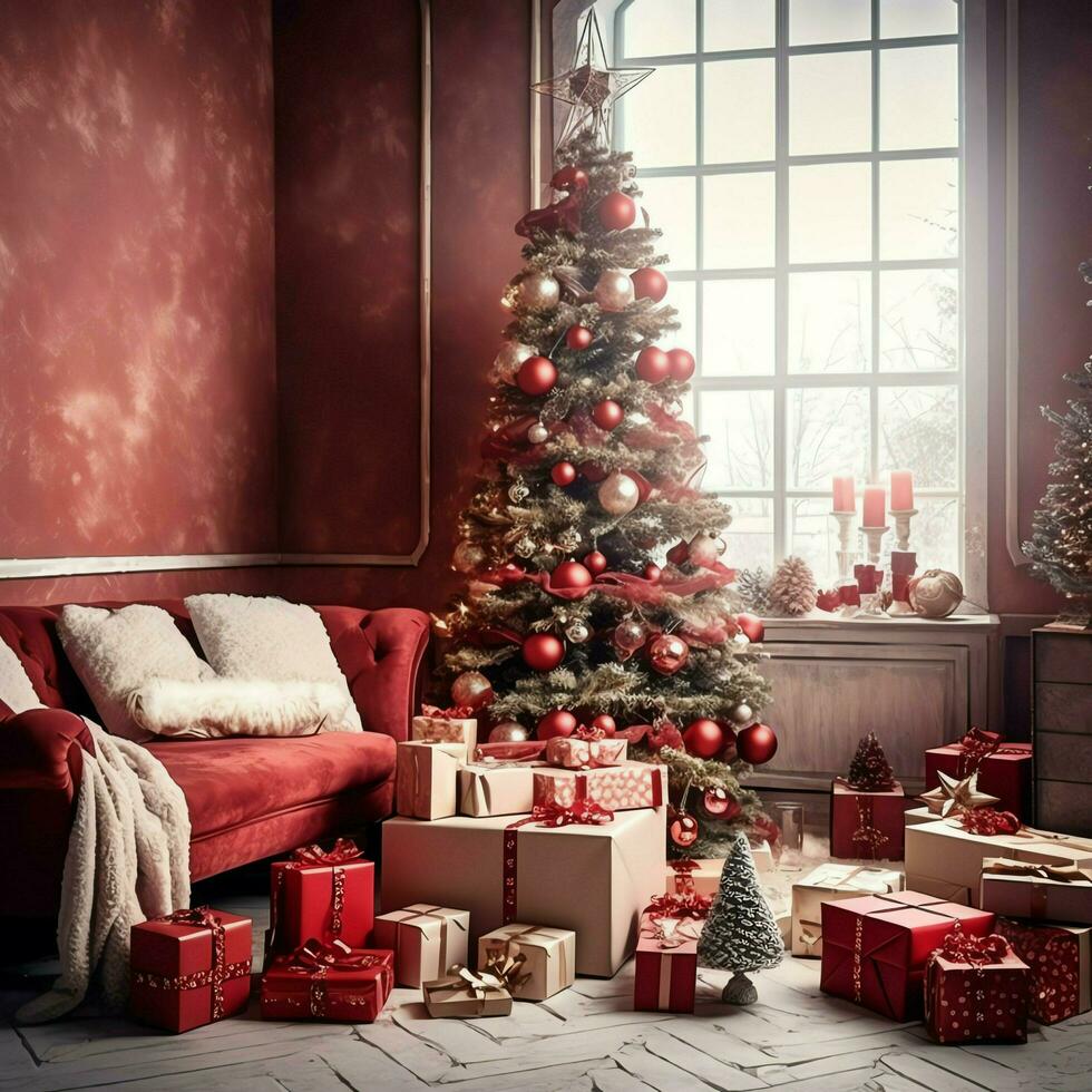 accogliente vivente camera con bellissimo Natale albero e rosso i regali nel moderno interno. interno di vivente camera decorato per allegro Natale con calzini, regalo scatole e Natale Accessori di ai generato foto