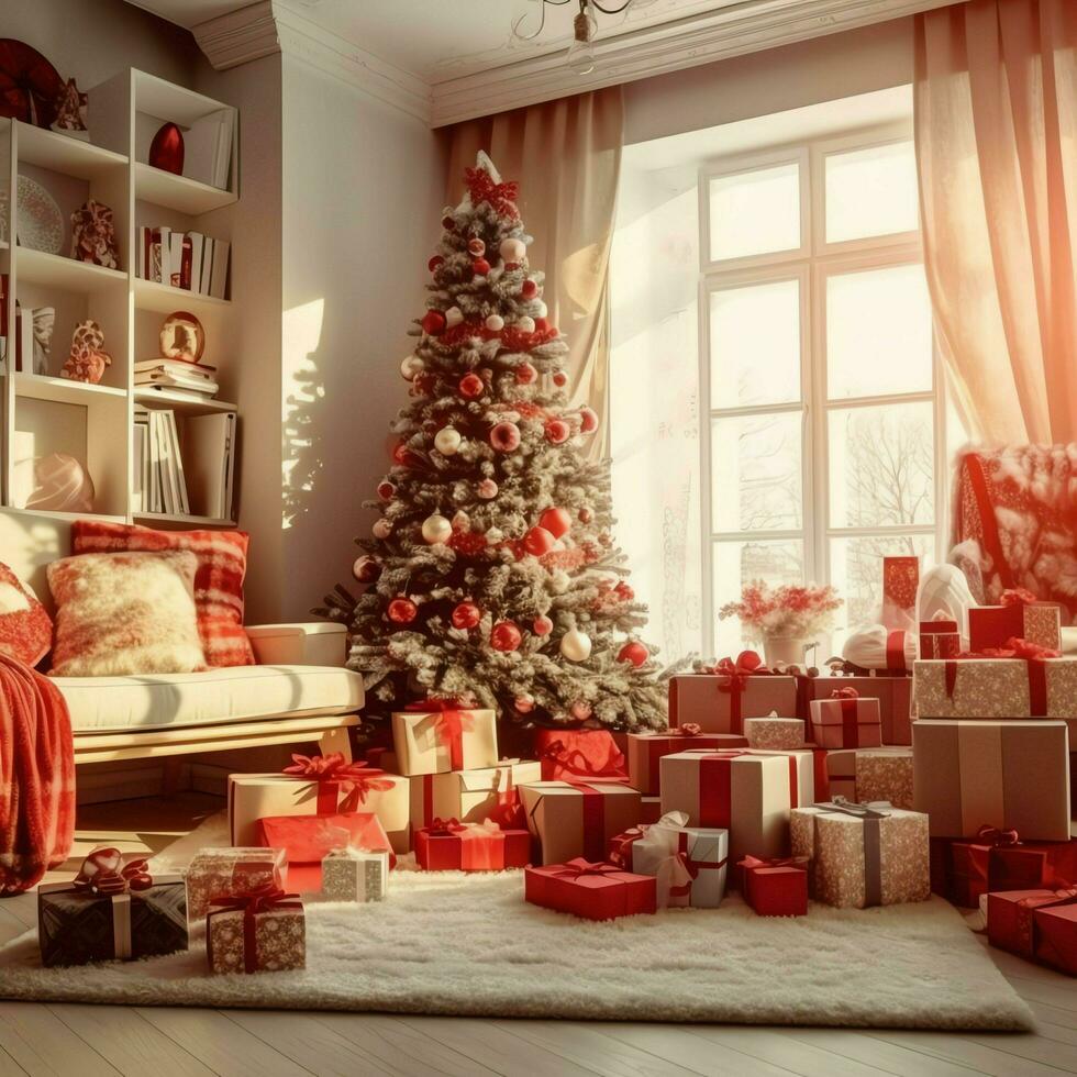 accogliente vivente camera con bellissimo Natale albero e rosso i regali nel moderno interno. interno di vivente camera decorato per allegro Natale con calzini, regalo scatole e Natale Accessori di ai generato foto