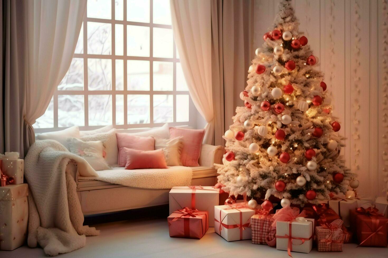 accogliente vivente camera con bellissimo Natale albero e rosso i regali nel moderno interno. interno di vivente camera decorato per allegro Natale con calzini, regalo scatole e Natale Accessori di ai generato foto