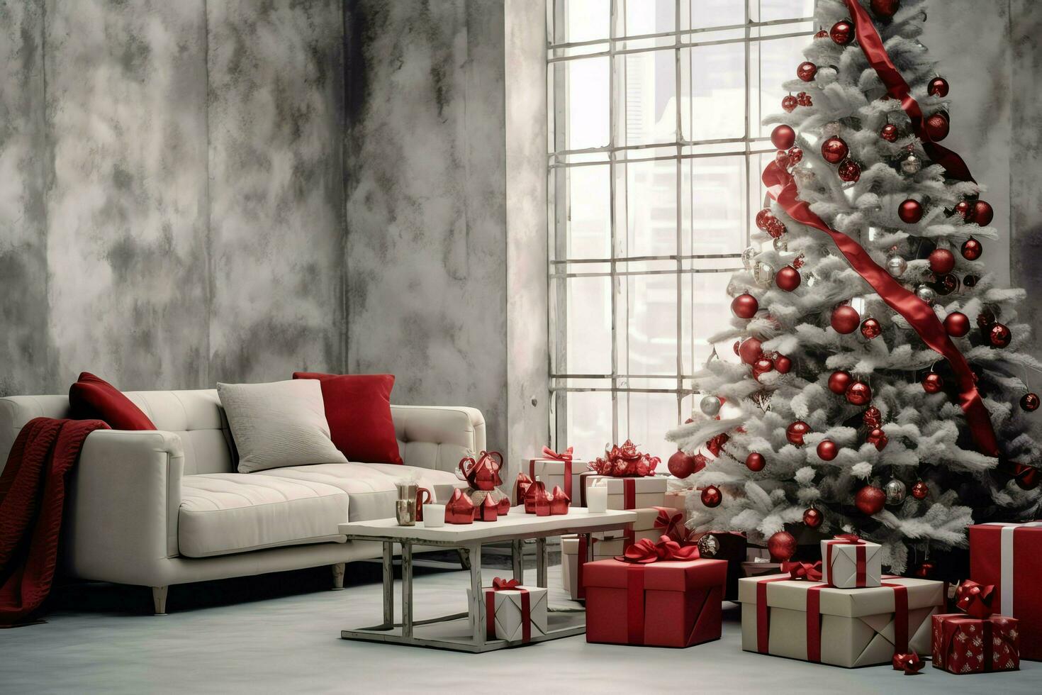 accogliente vivente camera con bellissimo Natale albero e rosso i regali nel moderno interno. interno di vivente camera decorato per allegro Natale con calzini, regalo scatole e Natale Accessori di ai generato foto