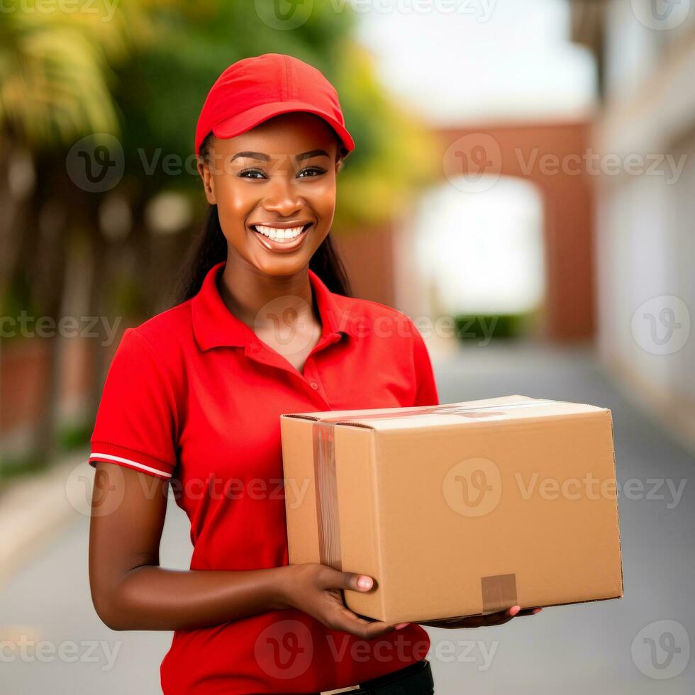 ai generato afro americano consegna donna Tenere un' cartone scatola. isolato foto pronto per uso. ai generato