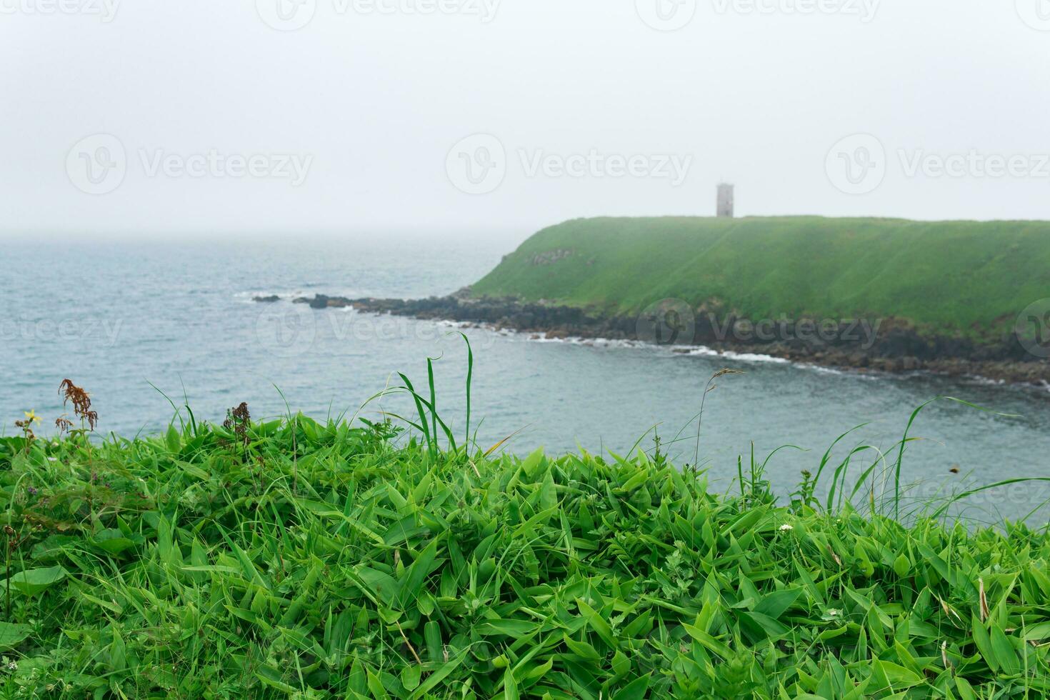 sfocato alto erboso promontorio con abbandonato faro sopra un' nebbioso mare foto