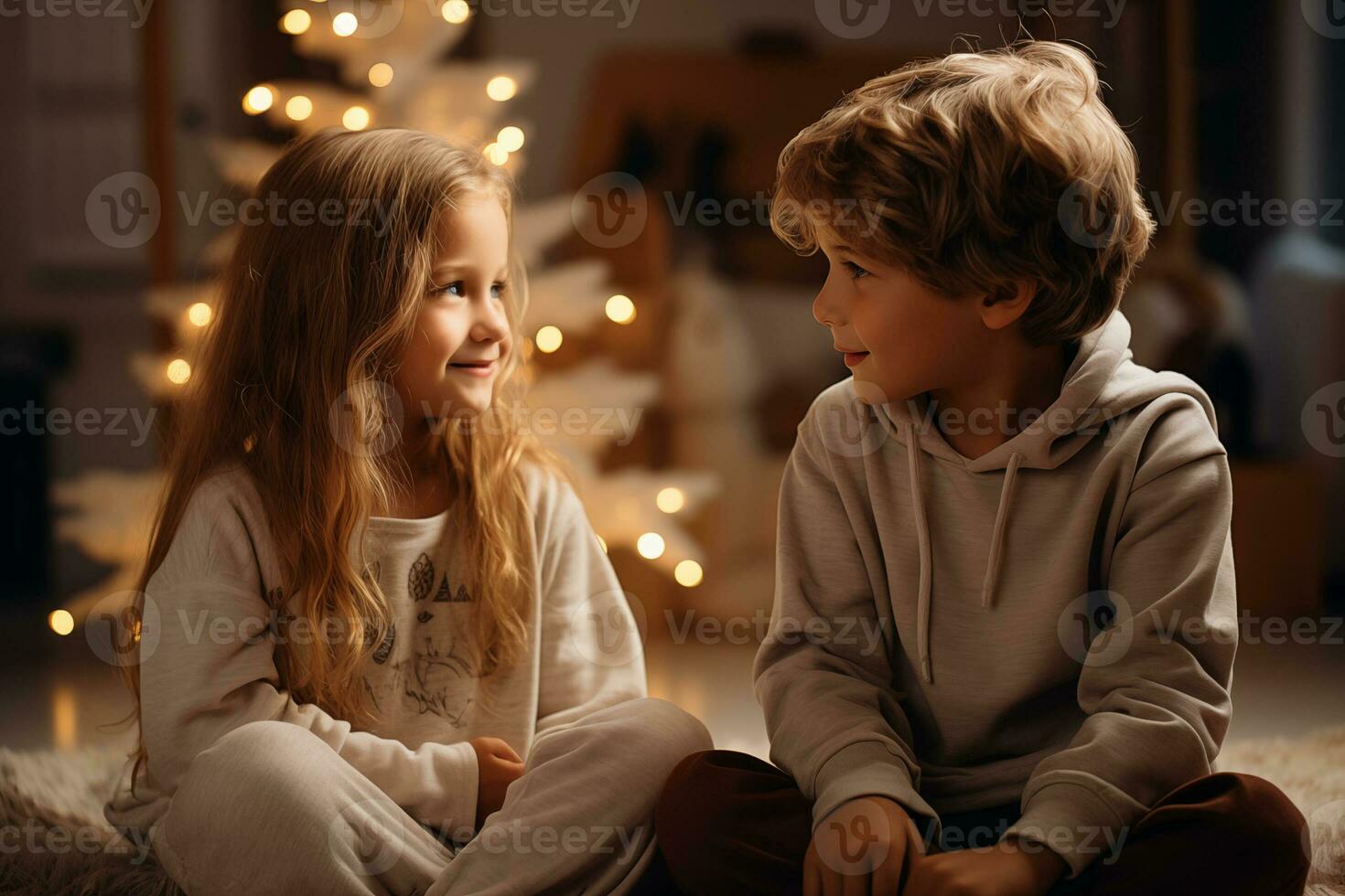 ai generato poco ragazzo e ragazza seduta su divano e comunicare su un' festivo Natale sfondo foto