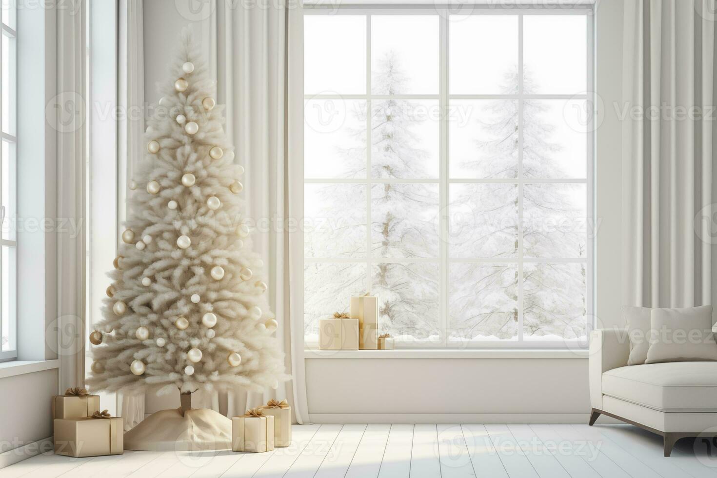 ai generato minimalista leggero interno nel scandinavo stile decorato per il nuovo anno, Natale decorazioni e i regali sotto il albero, inverno mattina foresta al di fuori il finestra foto