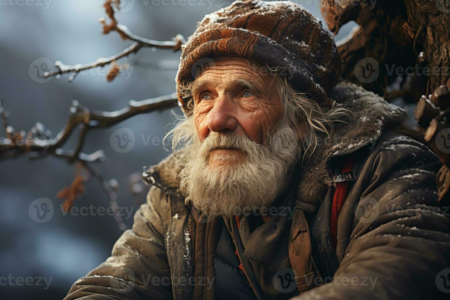 ai generato ritratto di un' villaggio vecchio uomo contro il fondale di un' nevoso naturale paesaggio foto