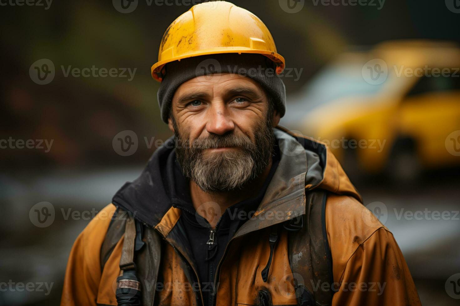 ai generato uomo lavoratore contro il sfondo di alcuni veicoli foto