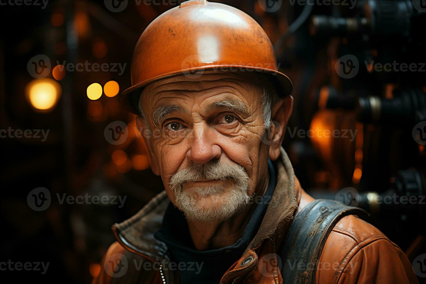 ai generato ritratto di anziano uomo lavoratore nel un' difficile cappello su un' sfocato industriale sfondo foto