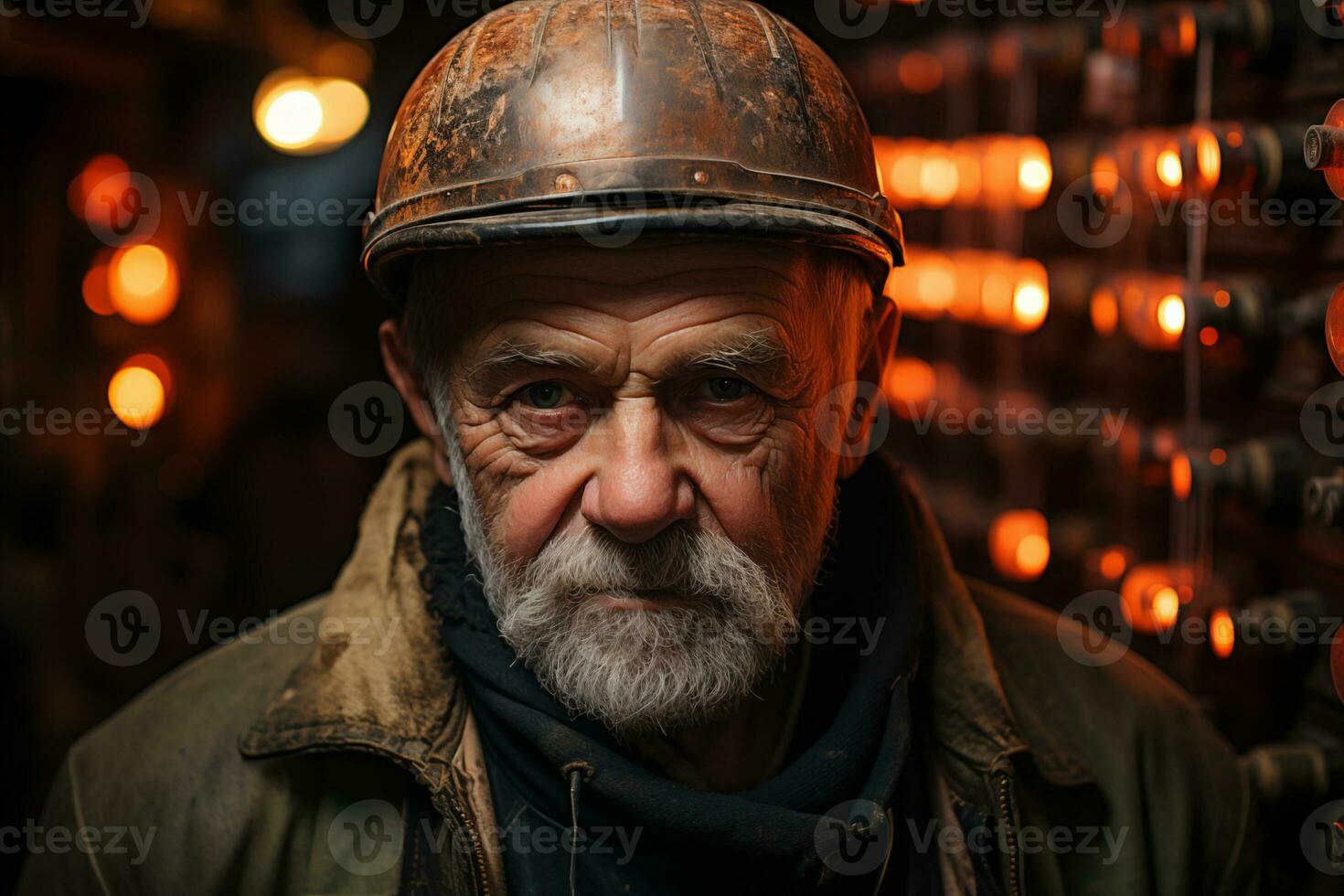 ai generato ritratto di anziano uomo lavoratore nel un' difficile cappello su un' sfocato industriale sfondo foto