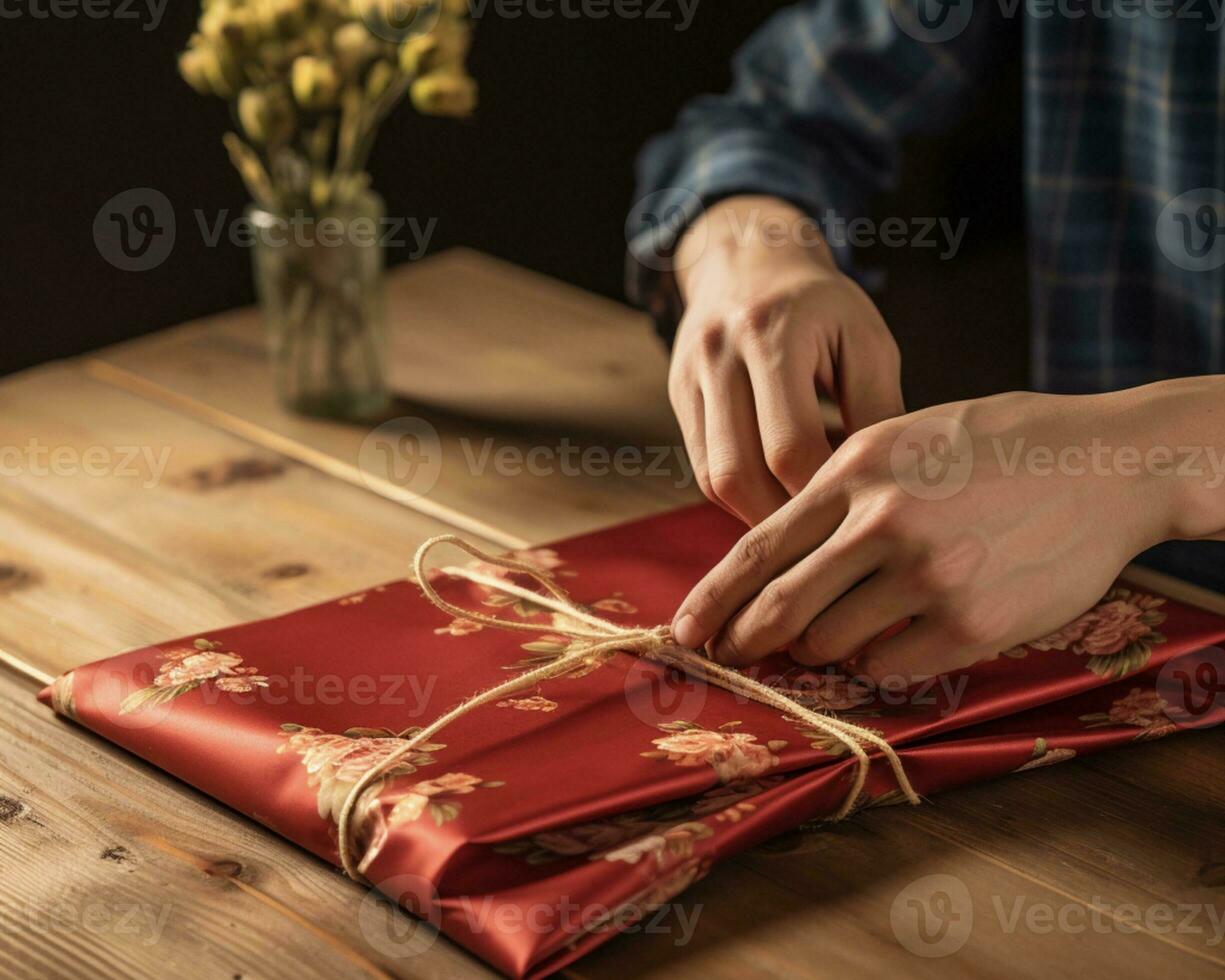 ai generato maschio giovane mani involucro regalo nel rosso stoffa su di legno tavolo per Da donna giorno foto