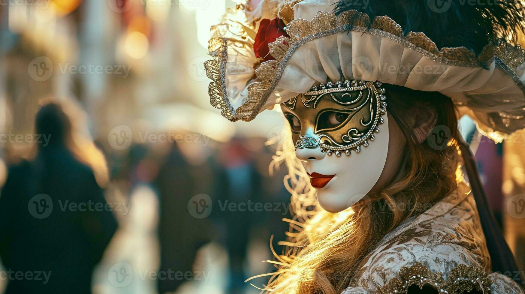 ai generato ragazza con bionda capelli nel veneziano maschera avvicinamento su città strada foto
