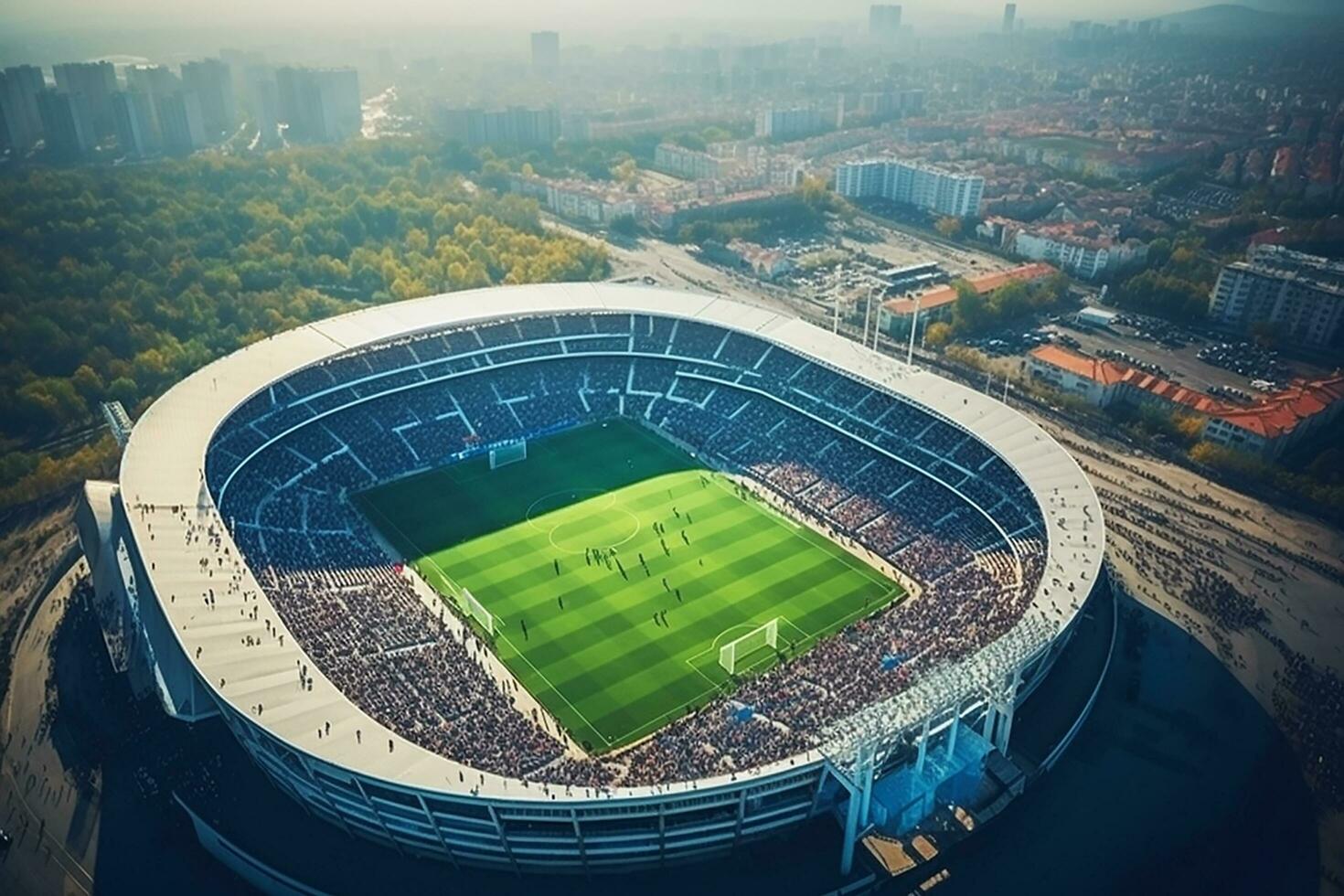 ai generato aereo stabilendo tiro di un' totale stadio con calcio campionato incontro. squadre giocare a, folla di fan allegria. gli sport concetto. foto