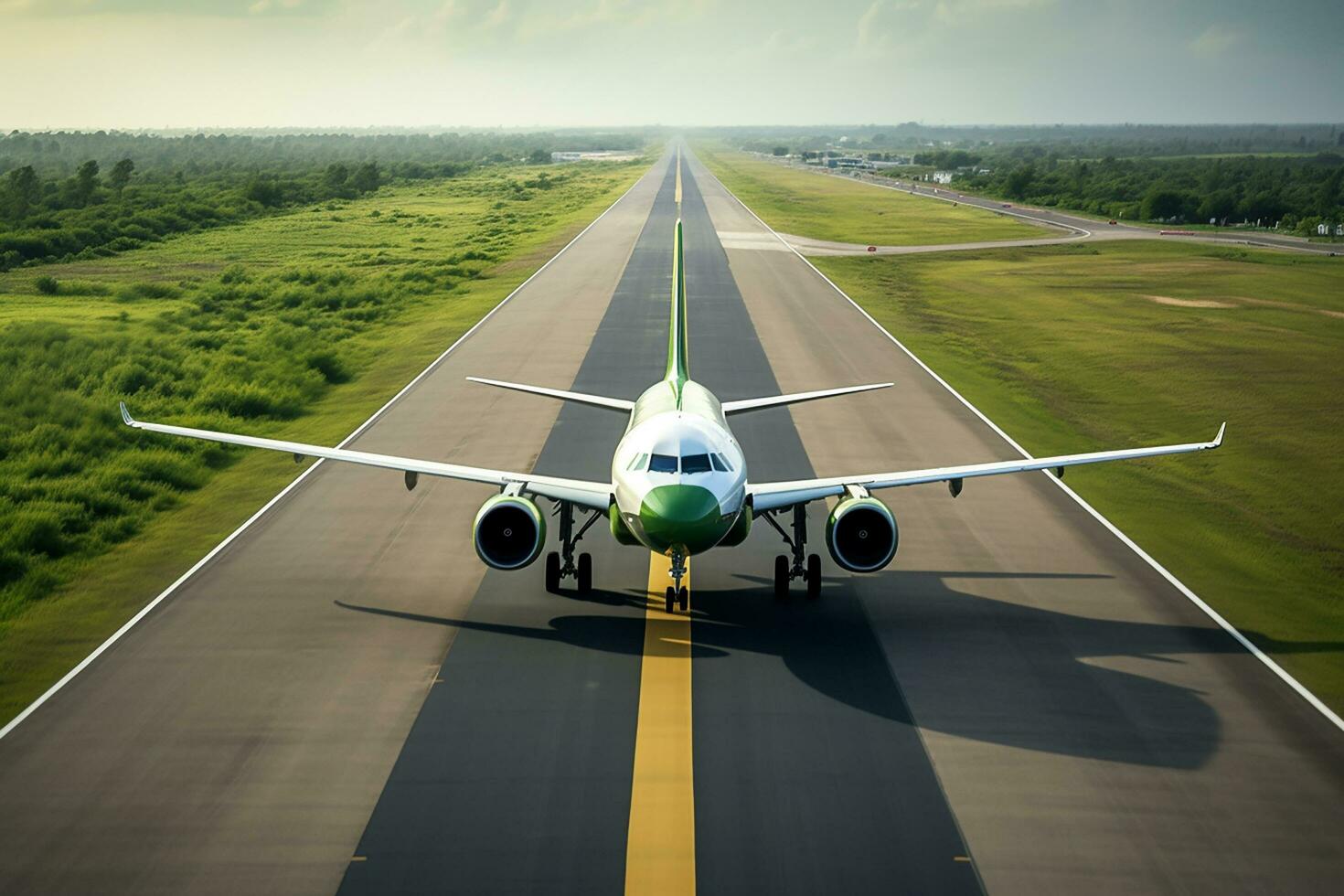 ai generato aereo su il pista di decollo pronto per decollare nel il sera leggero foto