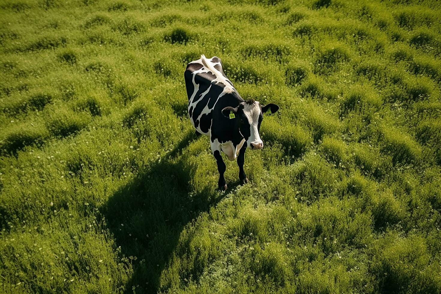 ai generato aereo Visualizza di mucca su verde prato nel estate. foto