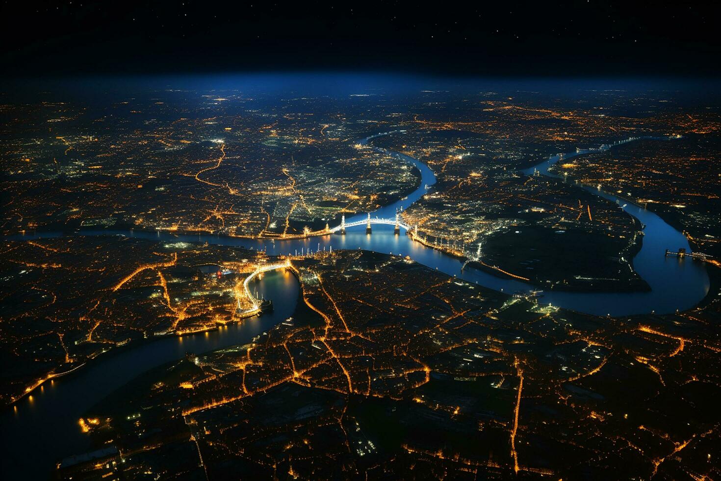 ai generato illuminato porta cittadina a notte. aereo Visualizza su fiume buio cielo. vivido notte vita. foto