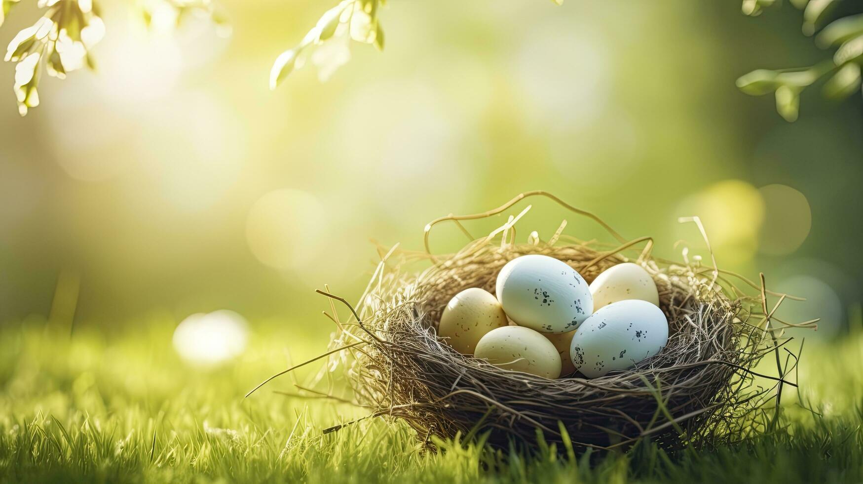 ai generato nido con Pasqua uova nel erba su un' soleggiato primavera giorno foto