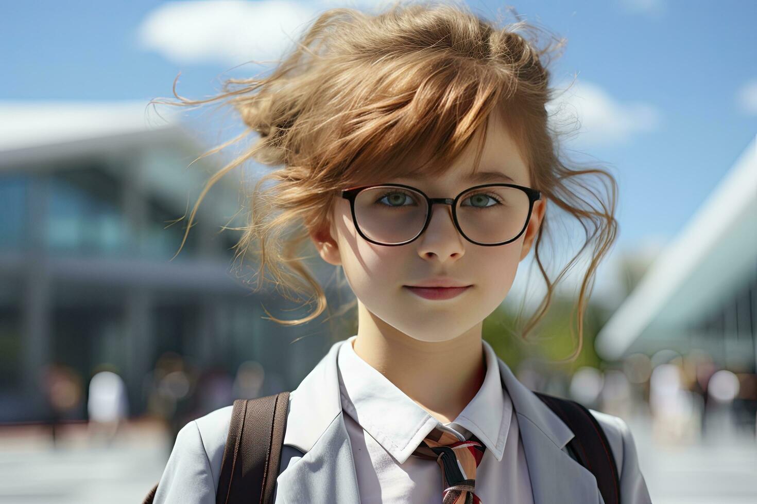 ai generato scuola ragazza indossare occhiali con zaino foto