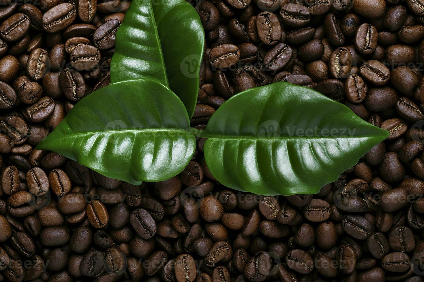 ai generato verde le foglie con caffè fagioli come sfondo. ai generato foto