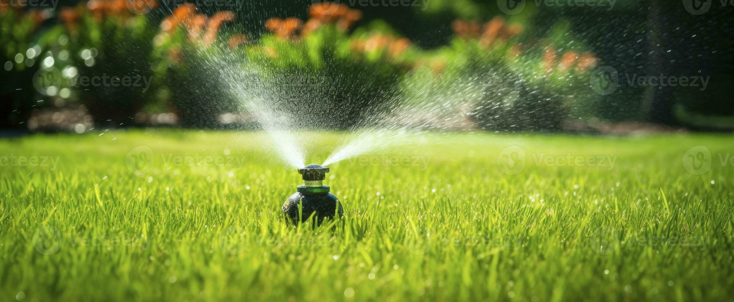 ai generato automatico giardino prato spruzzatore nel azione irrigazione erba. ai generato foto