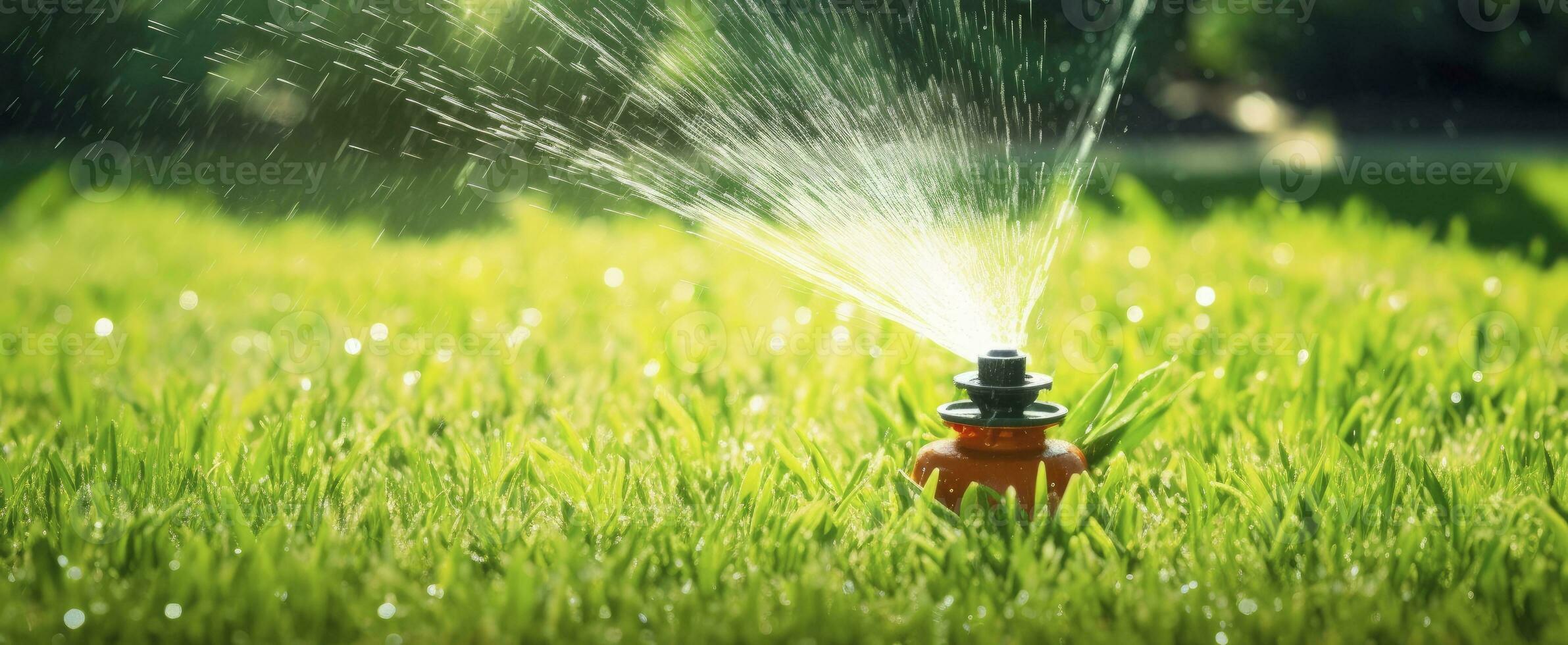 ai generato automatico giardino prato spruzzatore nel azione irrigazione erba. ai generato foto