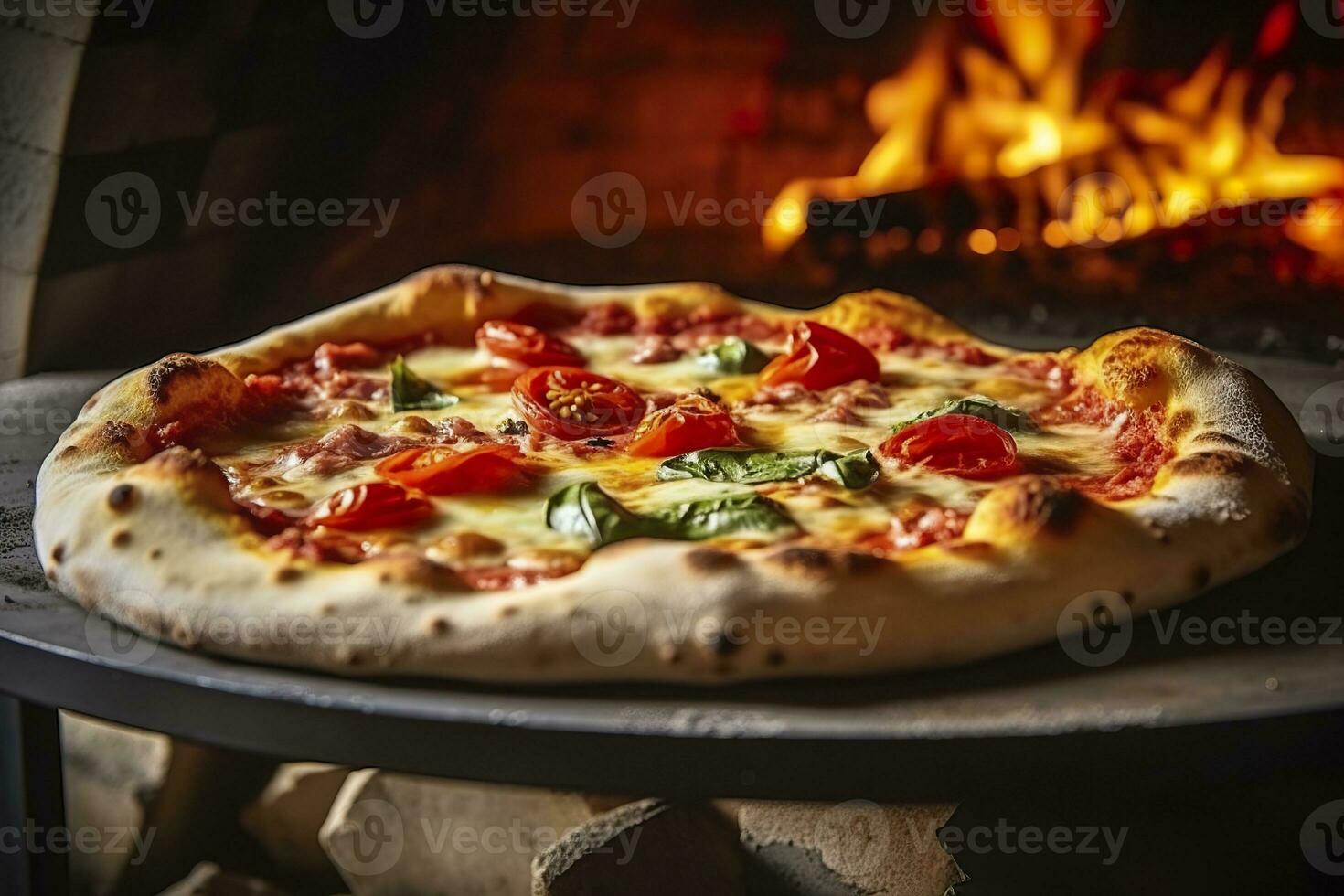 ai generato appena al forno Pizza avvicinamento, tradizionale legna licenziato forno sfondo. ai generato foto