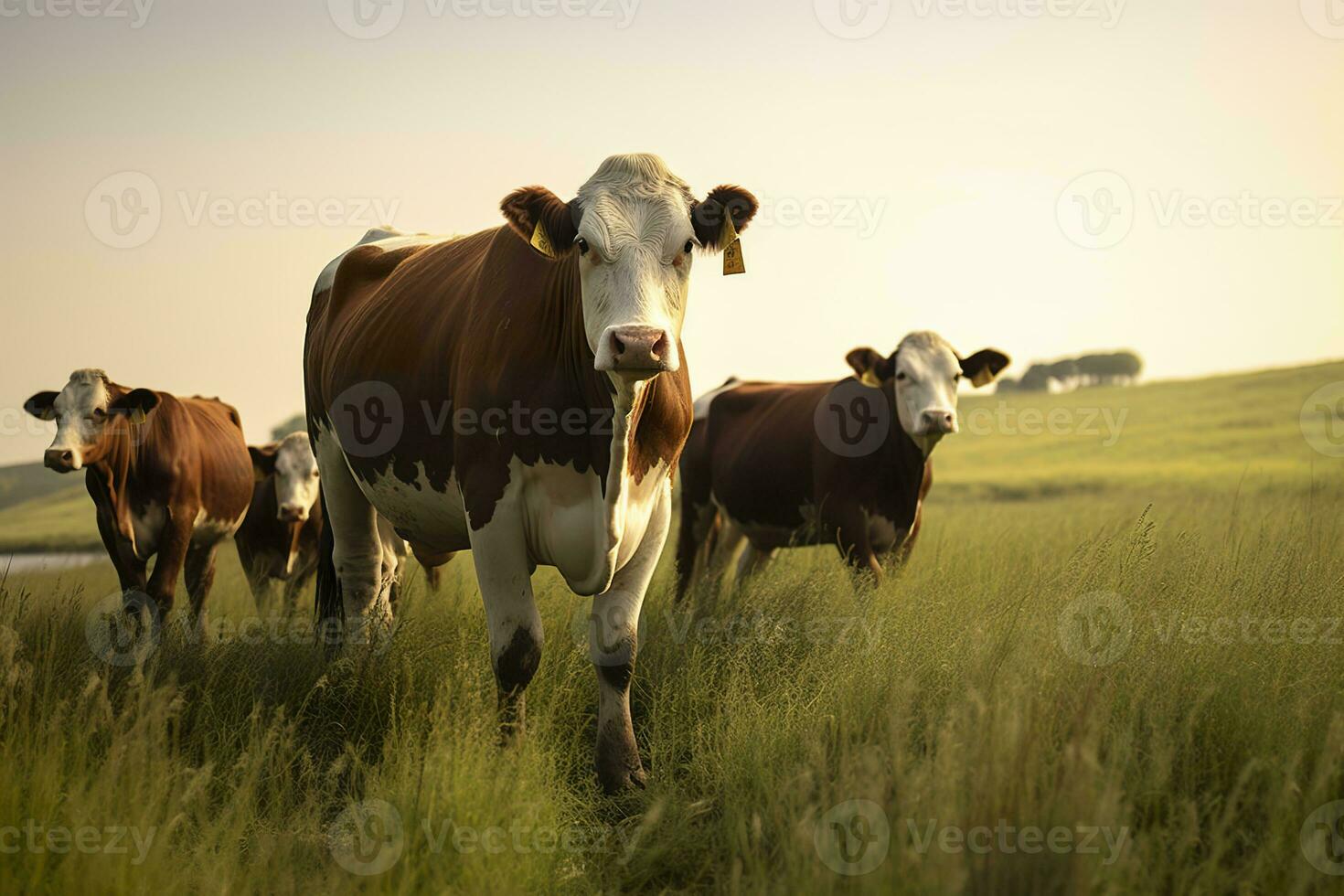 ai generato gruppo di mucche in piedi nel un' erboso campo. ai generato foto