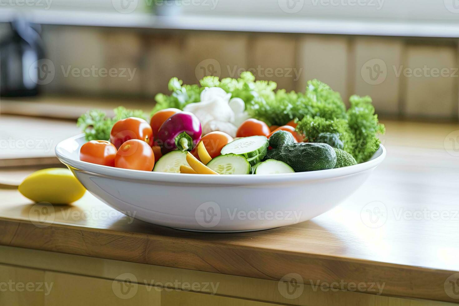 ai generato cucina ancora vita con bianca ciotola di lavato verdure su di legno scrivania. ai generato foto