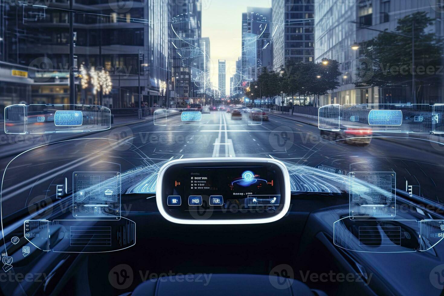 ai generato moderno inteligente auto tecnologia intelligente sistema utilizzando teste su Schermo hud autonomo se stesso guida modalità veicolo su città strada con grafico sensore radar segnale sistema intelligente macchina. foto